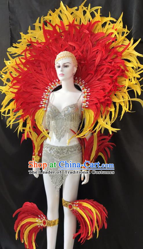 Brazilian Rio Carnival Samba Dance Feather Costumes Halloween Catwalks Deluxe Feather Swimsuit and Wings for Women