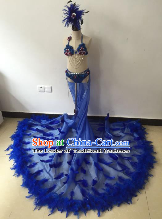 Brazilian Rio Carnival Samba Dance Costumes Catwalks Blue Feather Trailing Swimsuit Dress for Kids