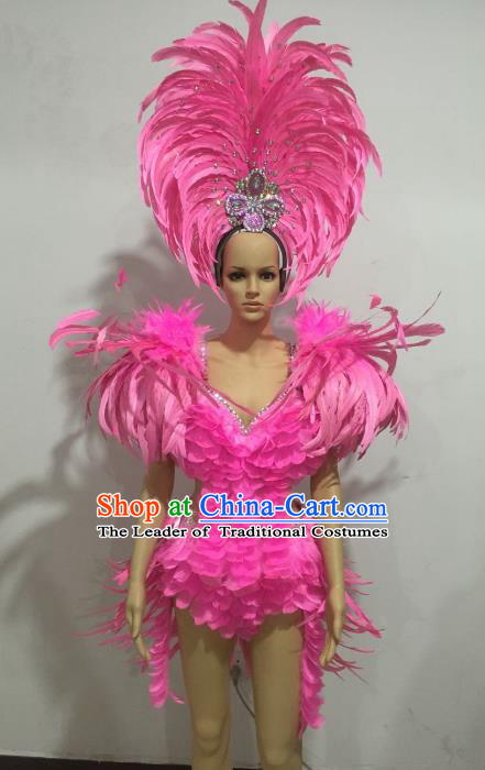 Top Grade Catwalks Costumes Brazilian Carnival Samba Dance Pink Feather Swimsuit and Headdress for Women