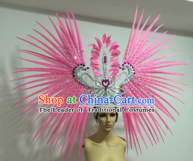 Brazilian Carnival Rio Samba Dance Pink Feather Headdress Miami Catwalks Deluxe Hair Accessories for Women