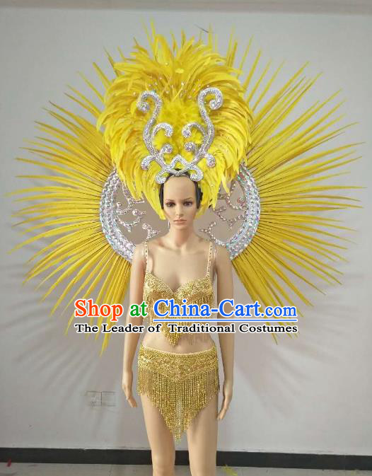Top Grade Catwalks Costumes Brazilian Carnival Samba Dance Yellow Feather Swimsuit and Wings for Women