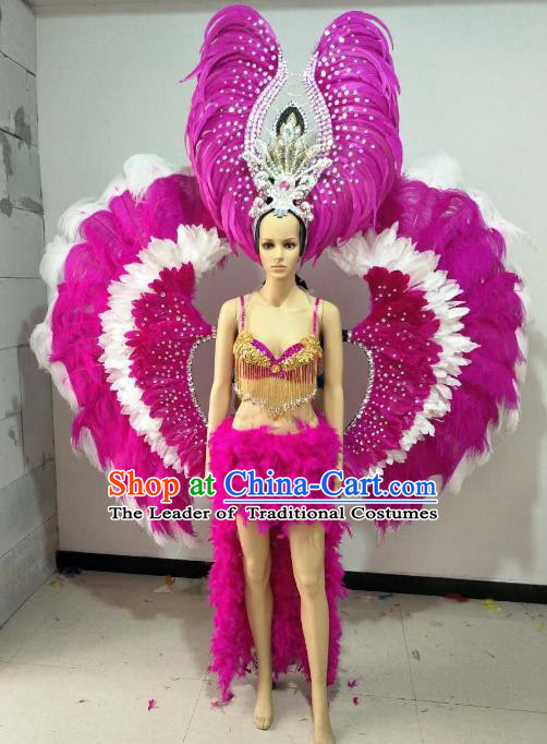 Brazilian Carnival Samba Dance Catwalks Costumes Rosy Feather Swimsuit and Wings for Women