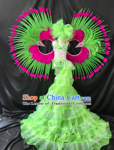 Brazilian Rio Carnival Samba Dance Costumes Catwalks Trailing Green Feather Swimsuit and Wings for Kids