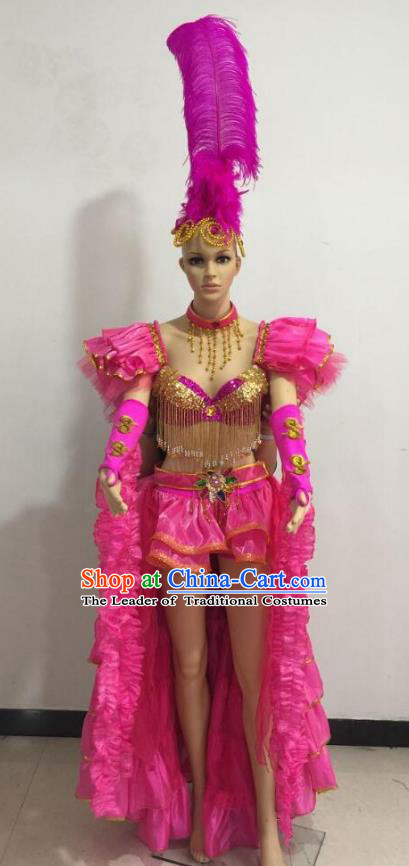 Brazilian Rio Carnival Samba Dance Costumes Catwalks Swimsuit and Rosy Feather Headdress for Women