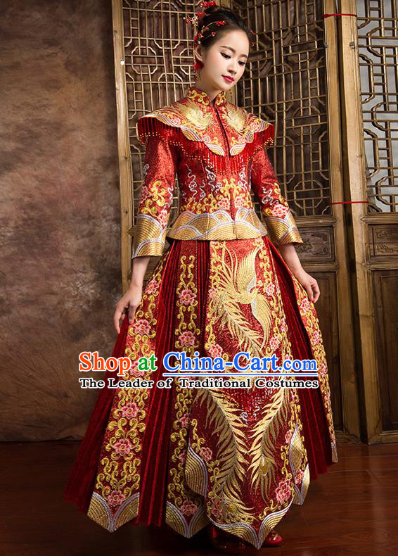 Traditional Chinese Bridal Costumes Ancient Bride Wedding Embroidered Beading XiuHe Suit for Women