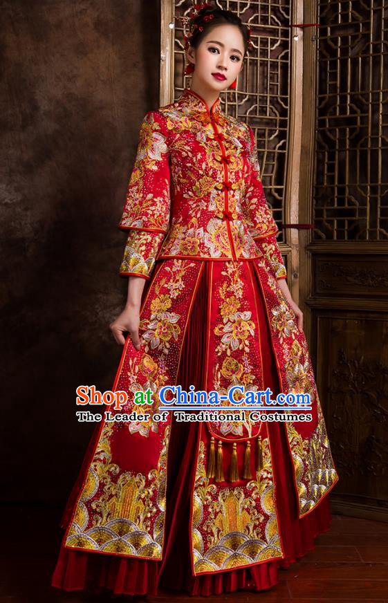 Traditional Chinese Bridal Costumes Ancient Bride Wedding Embroidered Peony Beads Red XiuHe Suit for Women