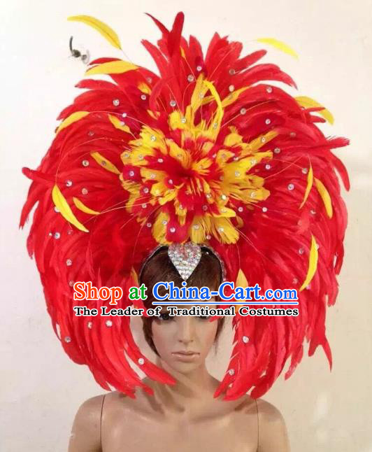 Professional Halloween Catwalks Samba Dance Red Feather Hair Accessories Brazilian Rio Carnival Headdress for Women