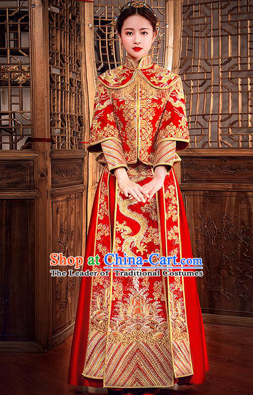 Traditional Chinese Female Wedding Costumes Ancient Embroidered Dragon Diamante Full Dress Red XiuHe Suit for Bride