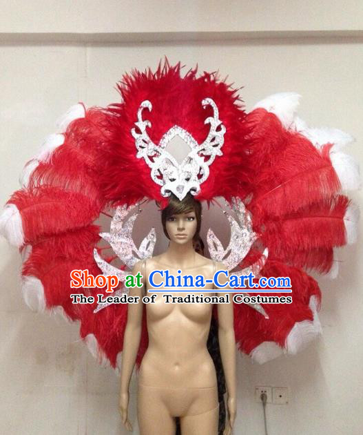 Customized Halloween Catwalks Props Brazilian Rio Carnival Samba Dance Red and White Feather Deluxe Wings and Headwear for Women