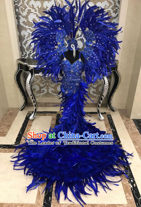 Brazilian Rio Carnival Samba Dance Costumes Catwalks Blue Feather