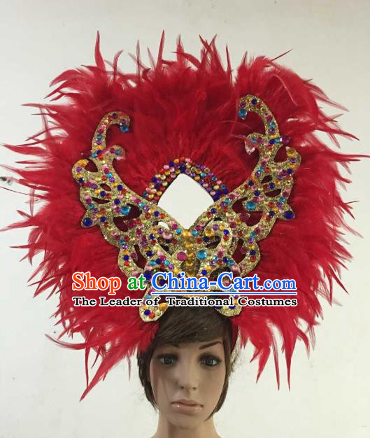 Professional Halloween Catwalks Hair Accessories Brazilian Rio Carnival Samba Dance Red Feather Headwear for Women