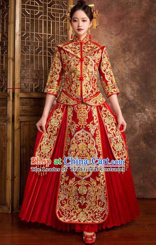 Chinese Traditional Wedding Costumes Ancient Bride Embroidered Diamante Red Xiuhe Suit for Women