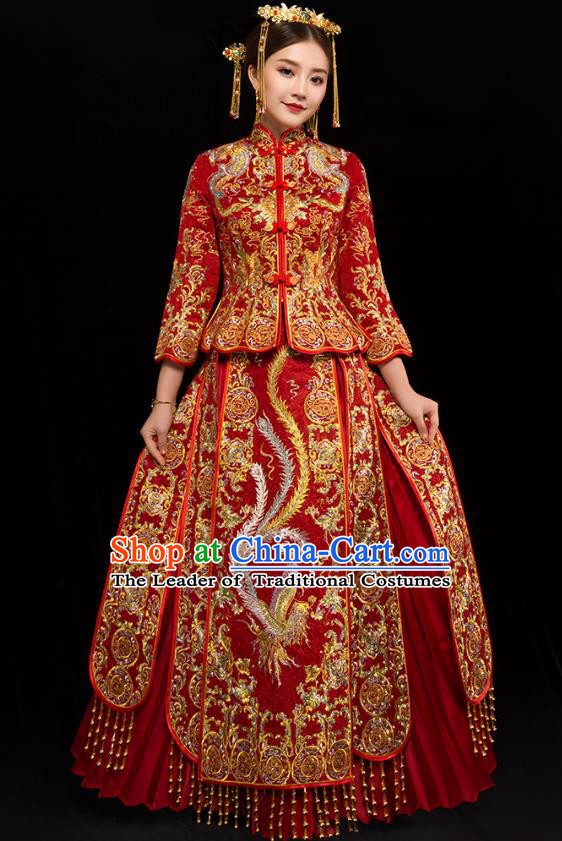 Traditional Chinese XiuHe Suit Wedding Costumes Embroidered Phoenix Red Full Dress Ancient Bottom Drawer for Bride
