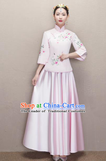 Chinese Ancient Wedding Costumes Bride Formal Dresses Embroidered Pink XiuHe Suit for Women
