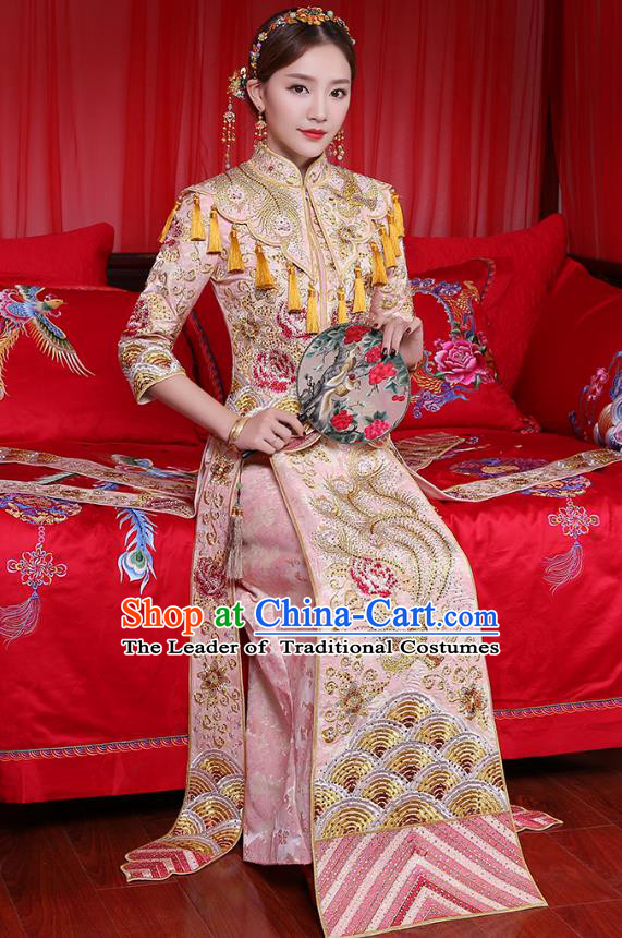 Traditional Chinese Embroidered Phoenix Peony Slim Pink XiuHe Suit Wedding Costumes Full Dress Ancient Bottom Drawer for Bride