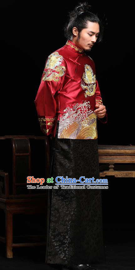 Traditional Ancient Chinese Wedding Red Costumes Bridegroom Embroidered Dragon Tang Suit for Men