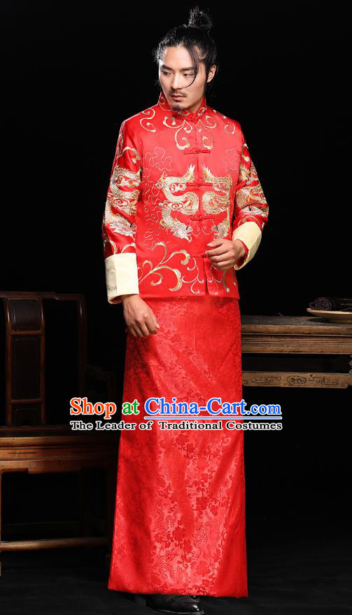 Ancient Chinese Wedding Red Toast Costumes Traditional Bridegroom Tang Suit Long Robe for Men