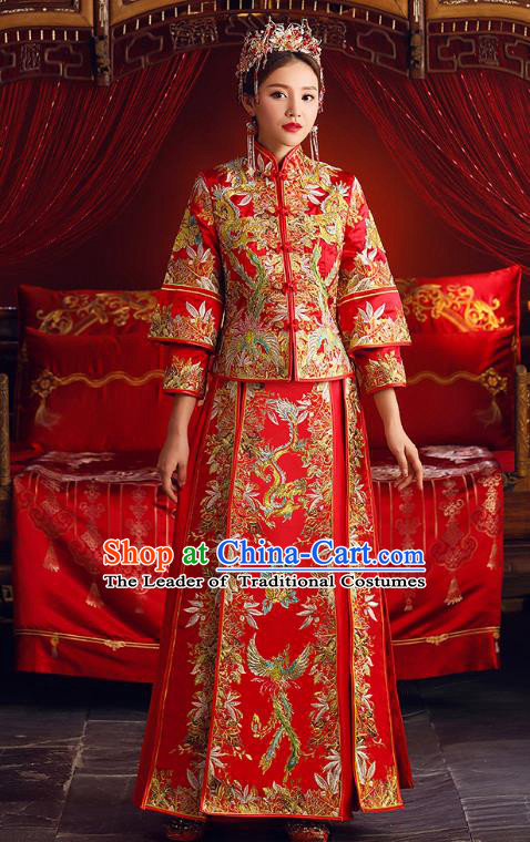 Chinese Ancient Bride Formal Dresses Embroidered Phoenix Peony XiuHe Suit Traditional Wedding Costumes for Women