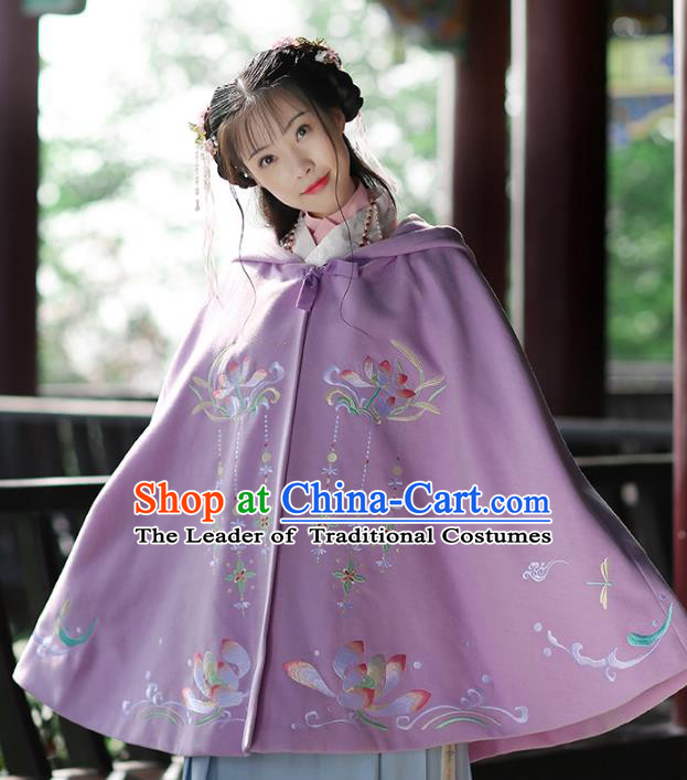 Ancient Chinese Ming Dynasty Princess Costume Embroidered Lotus Purple Cloak for Women