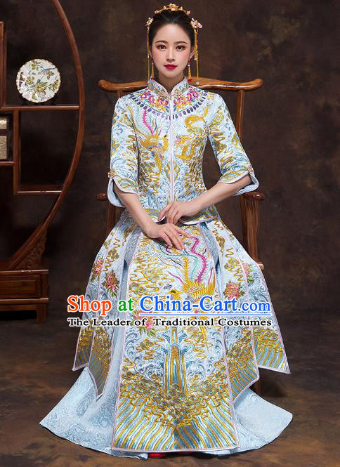 Chinese Ancient Wedding Costumes Bride Formal Dresses Embroidered Blue Bottom Drawer XiuHe Suit for Women