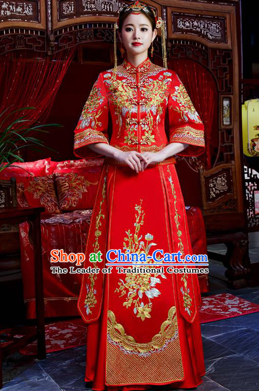 Top Grade Chinese Traditional Wedding Dress Ancient Bride Embroidered Flowers XiuHe Suit for Women
