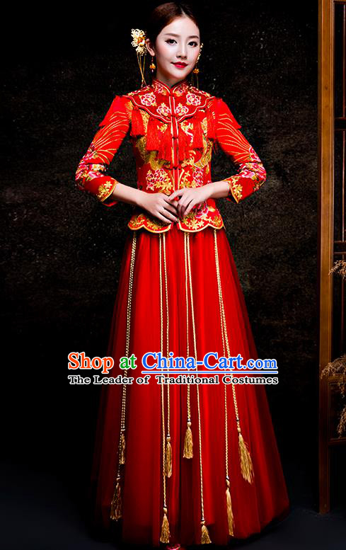 Top Grade Chinese Traditional Red Wedding Dress XiuHe Suit Ancient Bride Embroidered Cheongsam for Women