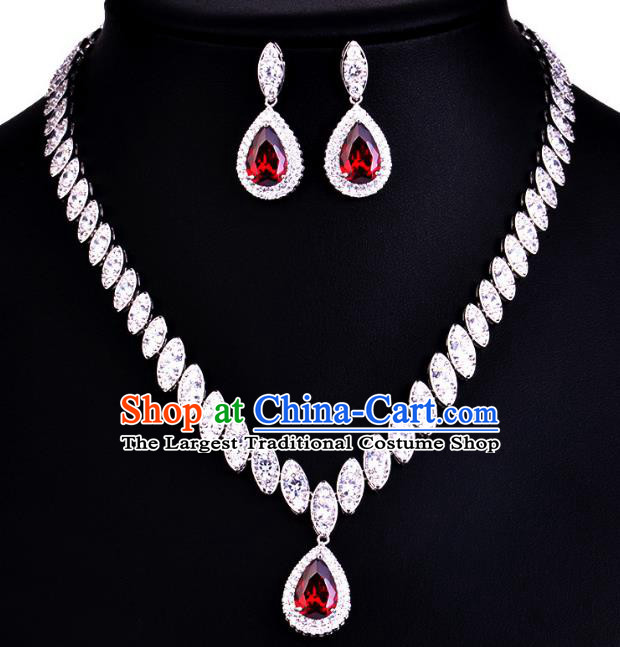 Top Grade Wedding Bride Jewelry Accessories Red Crystal Necklace and Earrings for Women