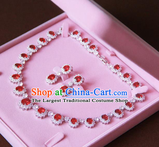 Top Grade Wedding Bride Jewelry Accessories Zircon Red Crystal Necklace and Earrings for Women