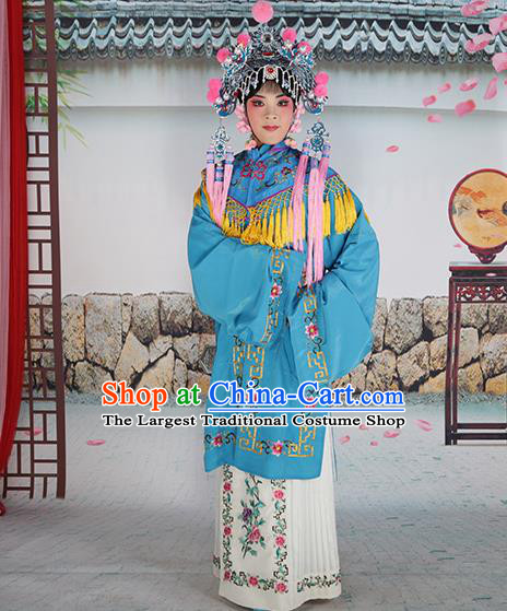 Professional Chinese Beijing Opera Diva Embroidered Costumes Blue Shawl Clothing and Headwear for Adults