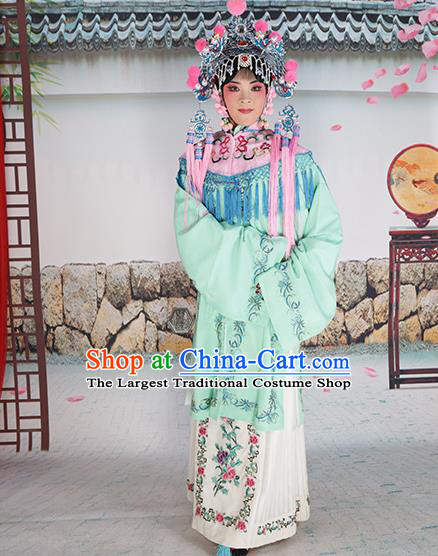 Professional Chinese Beijing Opera Diva Embroidered Green Costumes Pink Shawl Clothing and Headwear for Adults
