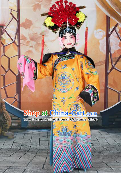 Professional Chinese Beijing Opera Qing Dynasty Empress Embroidered Yellow Costumes and Headwear for Adults