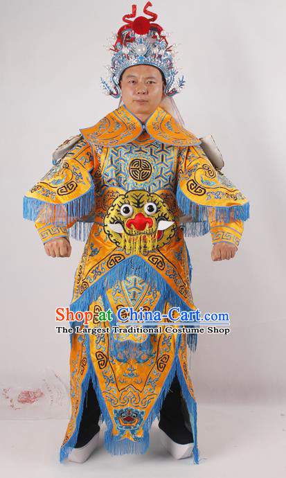 Professional Chinese Peking Opera General Yellow Embroidered Costume Beijing Opera Takefu Clothing and Hat for Adults