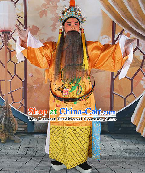 Professional Chinese Peking Opera Old Gentleman Costume Yellow Embroidered Robe and Hat for Adults