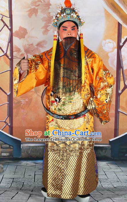 Professional Chinese Peking Opera Yellow Embroidered Robe Prime Minister Costumes and Hat for Adults