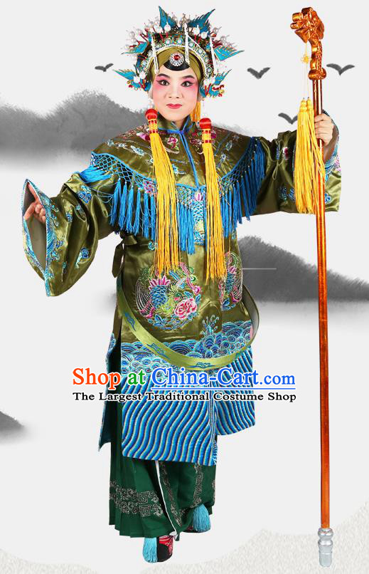 Professional Chinese Beijing Opera Pantaloon She Saihua Embroidered Green Costumes and Headwear for Adults