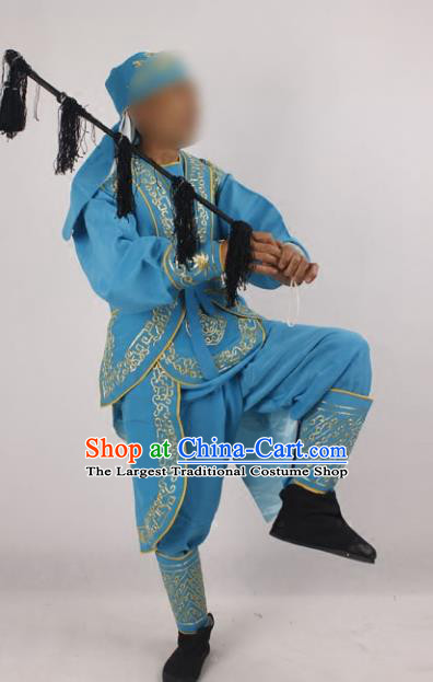 Professional Chinese Peking Opera Takefu Blue Costume and Hat for Adults