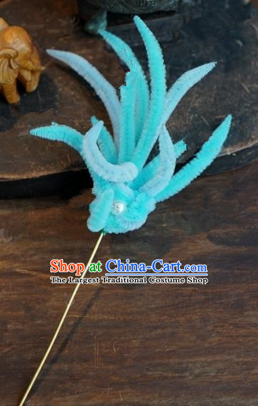 Chinese Handmade Ancient Hair Accessories Qing Dynasty Princess Blue Velvet Phoenix Hairpins for Women