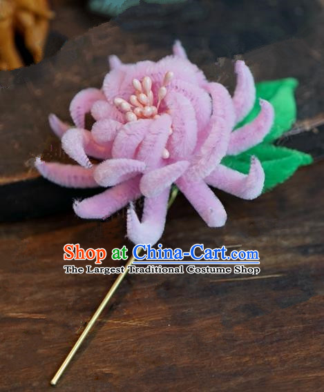 Chinese Handmade Ancient Hair Accessories Qing Dynasty Princess Pink Velvet Chrysanthemum Hairpins for Women
