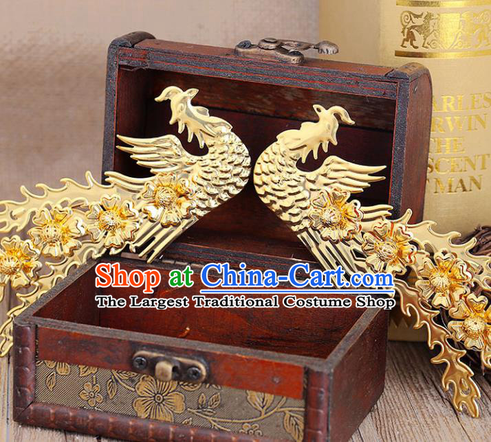 Chinese Ancient Handmade Golden Beads Phoenix Hairpins Bride Hair Accessories Headwear for Women