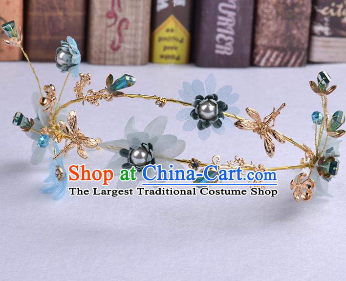 Handmade Baroque Bride Blue Flowers Dragonfly Hair Clasp Wedding Hair Jewelry Accessories for Women