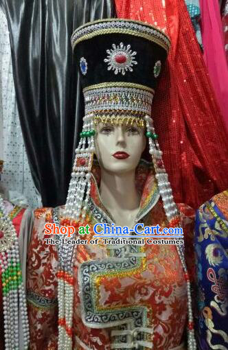 Chinese Traditional Mongolian Folk Dance Black Hats China Mongol Nationality Queen Headwear for Women