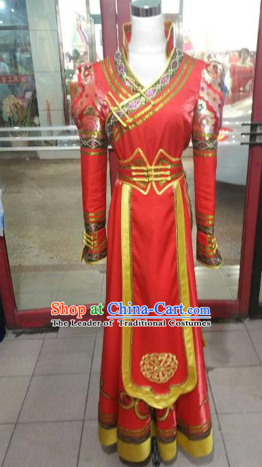 Chinese Traditional Mongolian Costume China Mongol Nationality Folk Dance Red Mongolian Robe for Women
