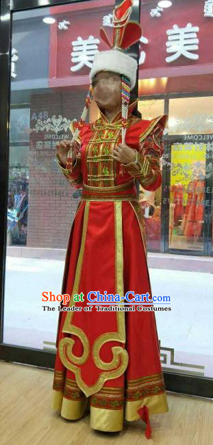 Chinese Traditional Mongolian Folk Dance Clothing China Mongol Nationality Wedding Red Dress for Women