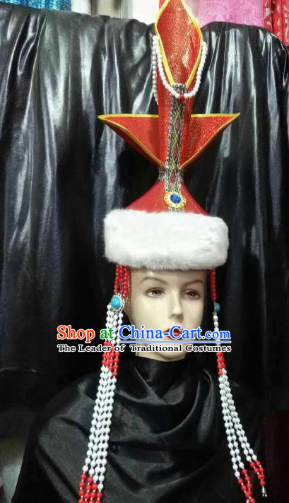 Chinese Traditional Mongolian Folk Dance Red Hats China Mongol Nationality Bride Wedding Headwear for Women