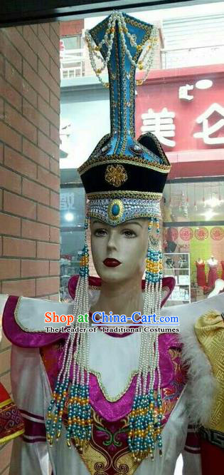 Chinese Traditional Mongolian Queen Blue Hats Mongol Nationality Hair Accessories Folk Dance Headwear for Women