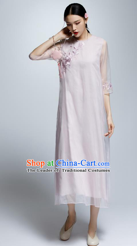 Chinese Traditional Embroidered Lilac Cheongsam China National Costume Qipao Dress for Women