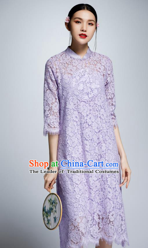 Chinese Traditional Embroidered Purple Lace Cheongsam China National Costume Tang Suit Qipao Dress for Women