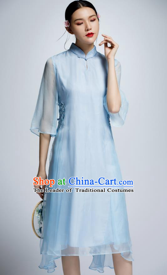 Chinese Traditional Blue Organza Cheongsam China National Costume Tang Suit Qipao Dress for Women