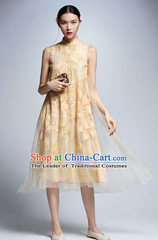 Chinese Traditional Golden Cheongsam China National Costume Tang Suit Qipao Dress for Women