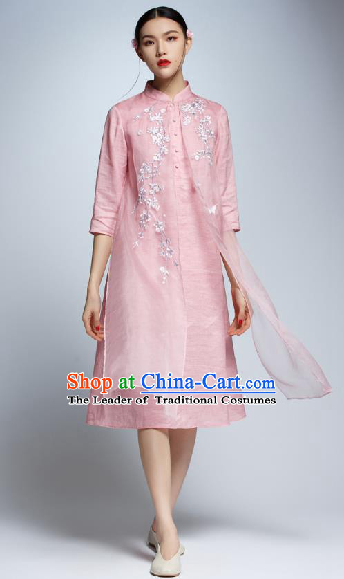 Chinese Traditional Embroidered Pink Cheongsam China National Costume Tang Suit Qipao Dress for Women